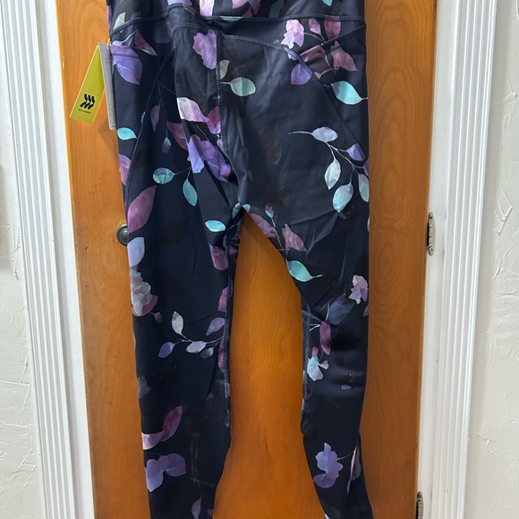 All in Motion Black Leggings with Multicolor Leaf Design contour power waist - Picture 2 of 6